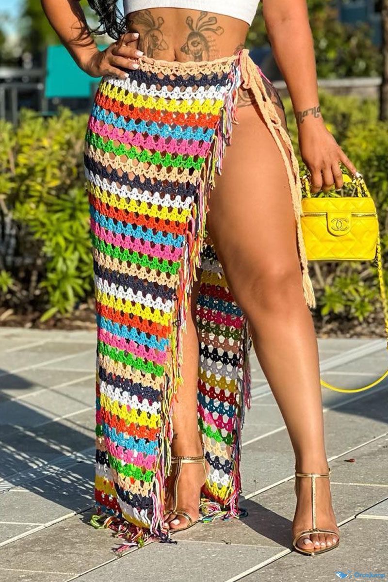 Crochet lace beach cover up maxi slit skirt