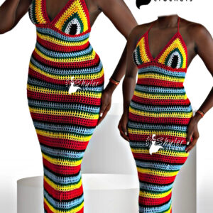 Crochet multicolored summer mesh dress with stripes