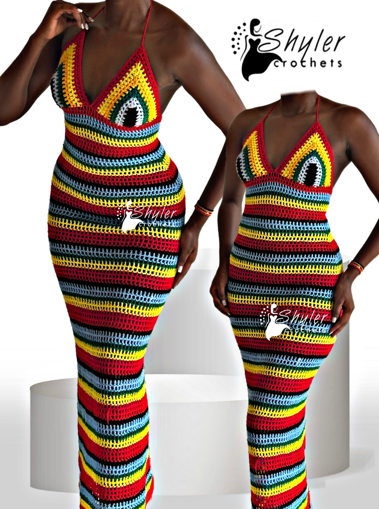 Crochet multicolored summer mesh dress with stripes