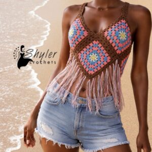 Crochet granny square fringe top