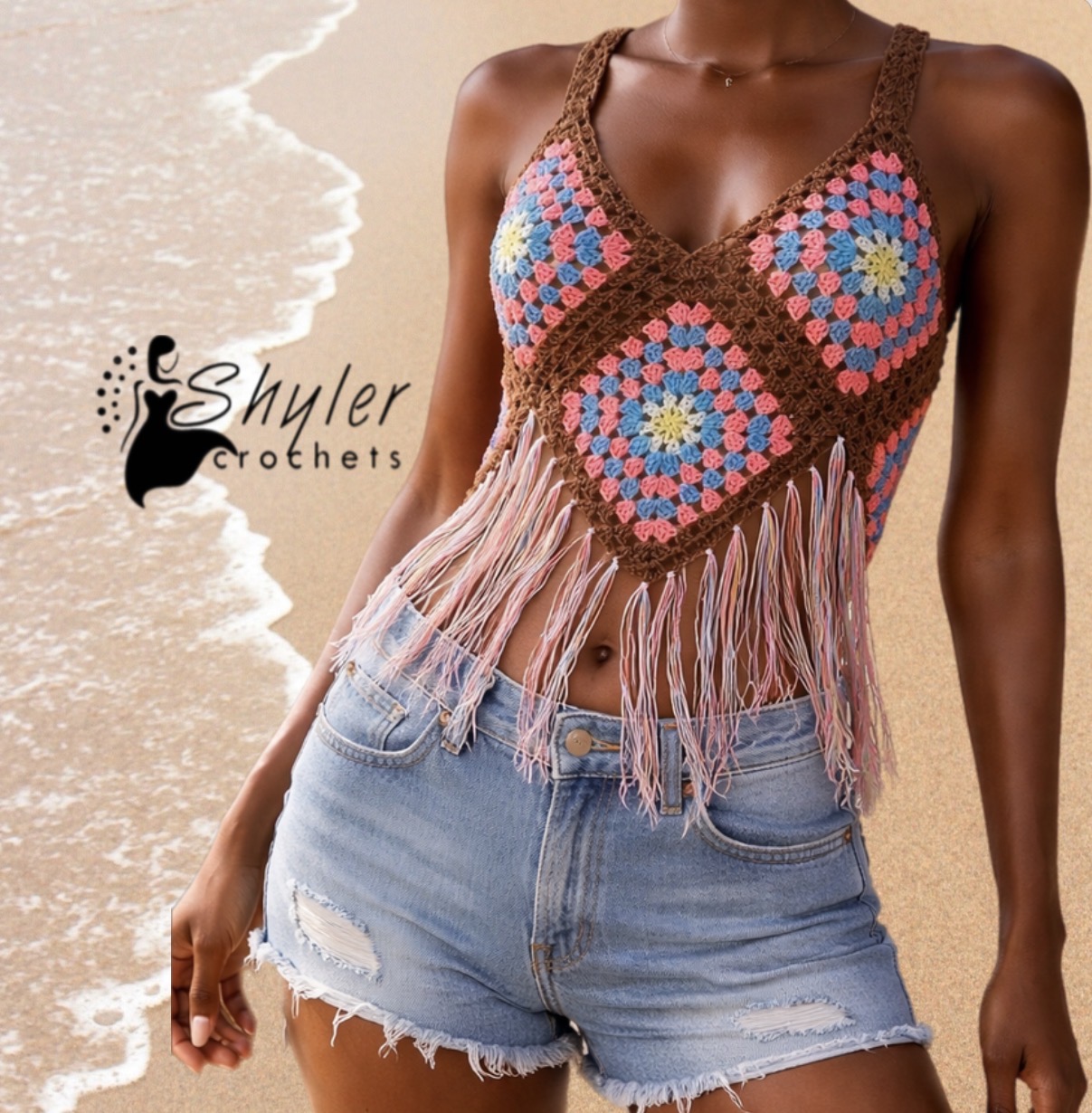 Crochet granny square fringe top